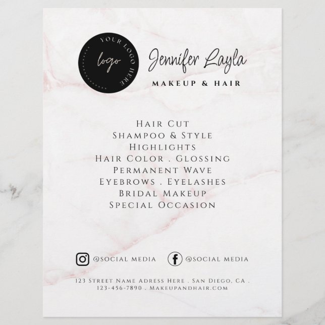 QR Code Beauty Salon Custom Logo Pink Marble Flyer (Vorne)