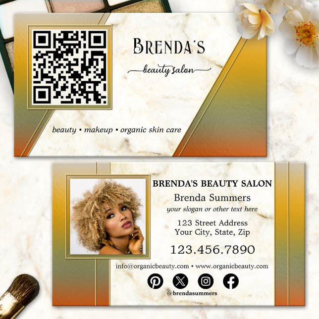 QR Code Beauty Salon Social Media Foto Visitenkarte (Modern artistic business card featuring marble on a colorful background - QR code - photo - social)