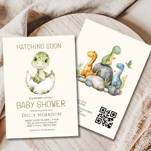 QR Code Beige Dinosaurier Schläge Bald Baby Dusche Einladung