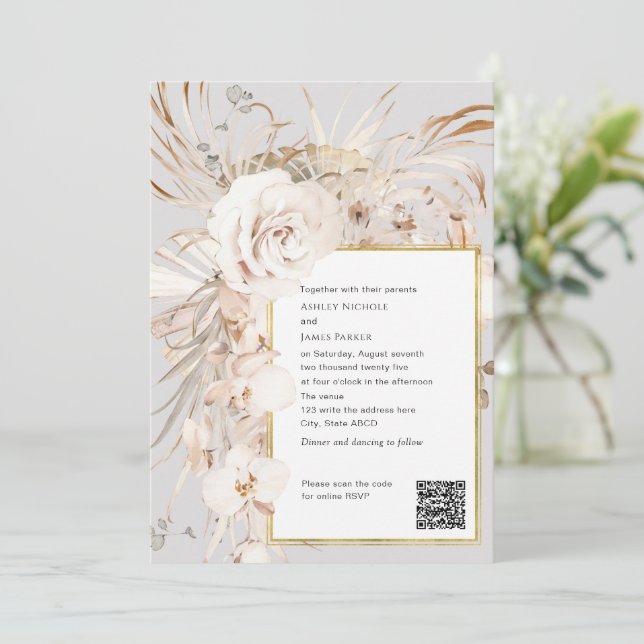 QR-Code, beige elegante Hochzeit mit floralen Aqua Einladung (Stehend Vorderseite)