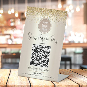 QR-Code Benutzerlogo Gold Glitter Scanne Hier Zahl Sockelschild