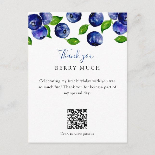 QR Code Berry First Birthday Blueberry Vielen Dank Postkarte (Vorderseite)