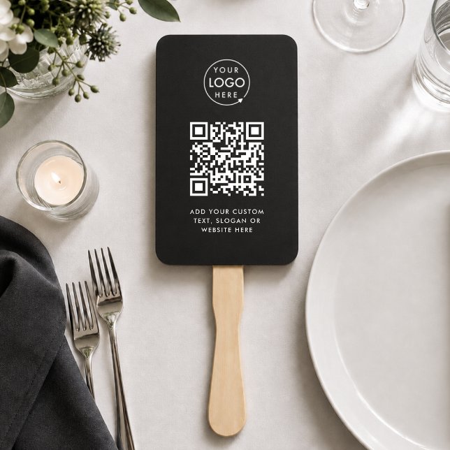 QR-Code | Berufliches Black Business-Logo Fächer (Modern event hand fan with scannable QR design for events tables, warm venues & promo merchansie)