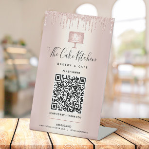QR-Code Bezahlen Hier Roségold Glitter Torte Bäcke Sockelschild