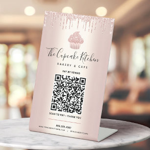 QR-Code Bezahlen Sie hier Roségold Cupcake Glitter Sockelschild