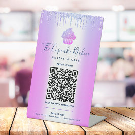 QR-Code Bezahlung hier Lila Cupcake Glitzer Bäcker Sockelschild