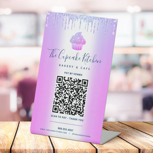 QR-Code Bezahlung hier Lila Cupcake Glitzer Bäcker Sockelschild (Von Creator hochgeladen)