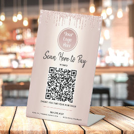 QR-Code Bezahlung hier Rose Gold Glitzer Benutzerd Sockelschild
