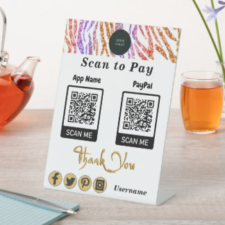 QR-Code Bezahlung Orange Glitzer Zebra Streifen Sockelschild