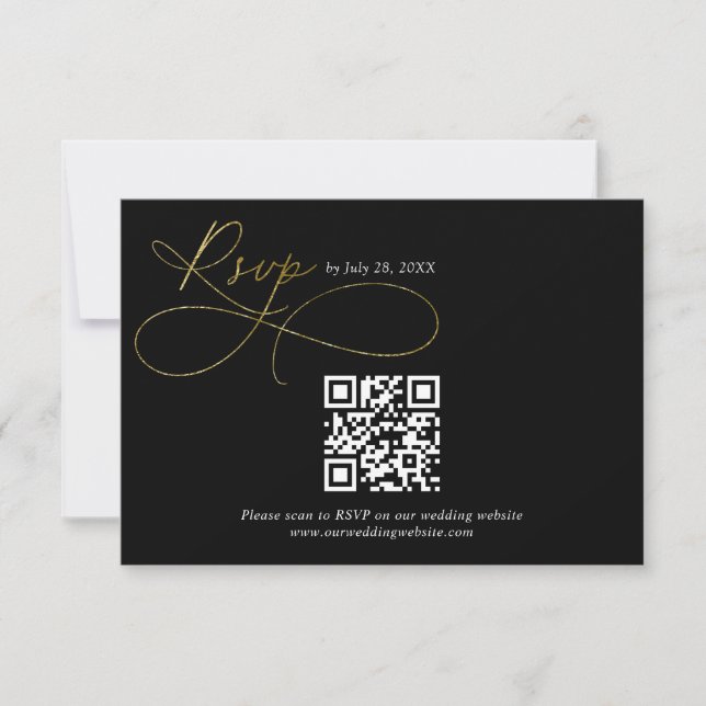 QR Code Black and Gold Script Calligraphy Wedding RSVP Karte (Vorderseite)