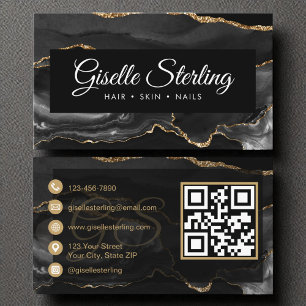 QR Code Black Gold Agate Eleganter Luxus Visitenkarte