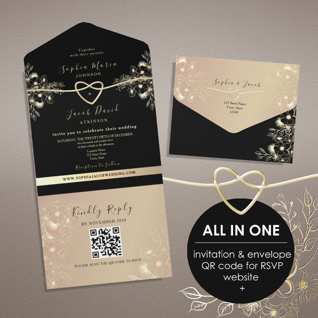QR Code Black Gold Floral Wedding All In One Einladung (Von Creator hochgeladen)
