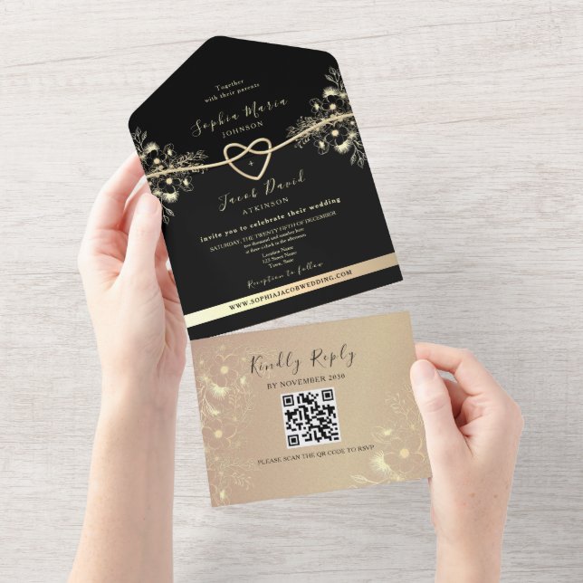 QR Code Black Gold Floral Wedding All In One Einladung (Abreißen)