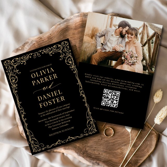 QR Code Black Gold Foto Minimalistische Hochzeit Einladung (Von Creator hochgeladen)
