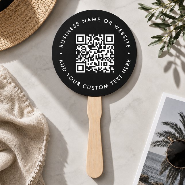 QR-Code | Black Modern Minimalistisch Stylish Roun Fächer (Modern event hand fan with scannable QR design for events tables, warm venues & promo merchansie)