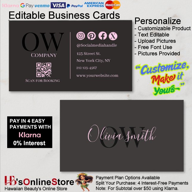 QR Code Black Pink Elegant Initial Social Media Visitenkarte (QR Code Black Pink Elegant Initial Social Media Business Card.)
