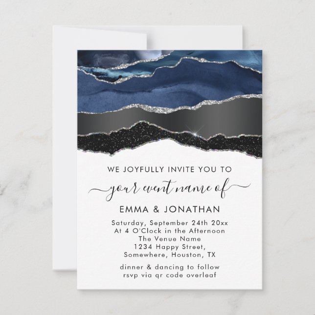 QR Code Black Silver Blu Navy Border Wedding (Vorderseite)