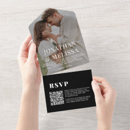 QR-Code | Black Simple Overlay Foto Wedding All In One Einladung