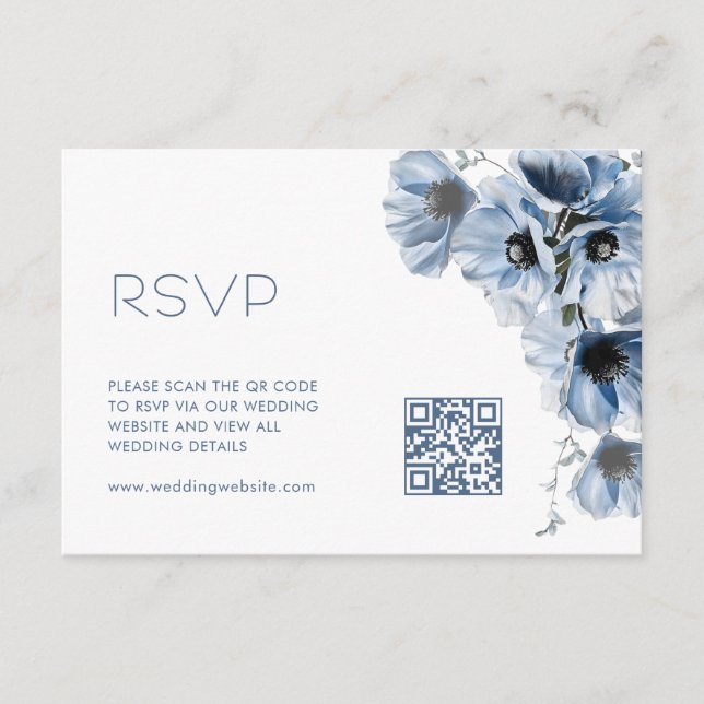 QR-Code |  Blaue florale Hochzeit Begleitkarte (Vorderseite)