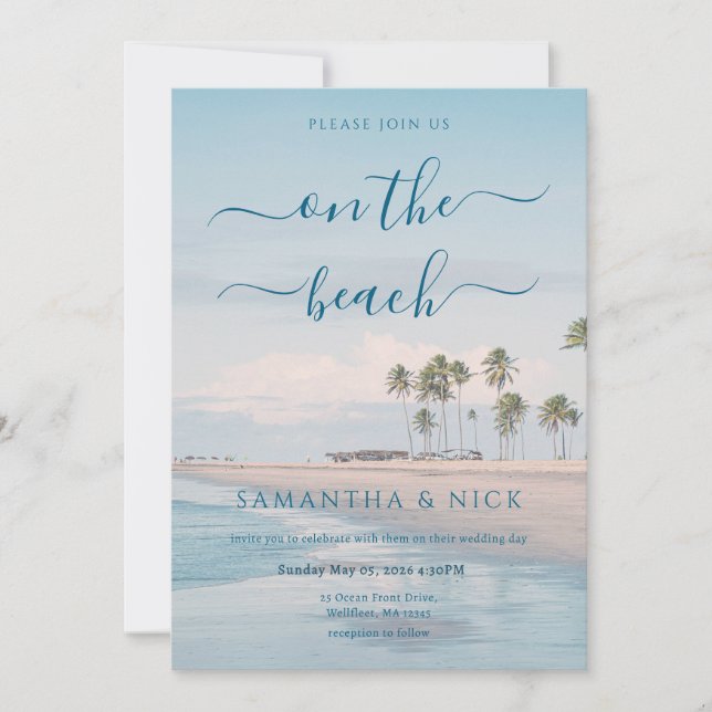 QR-Code Blue Ocean Palmenstrand Hochzeit Einladung (Vorderseite)