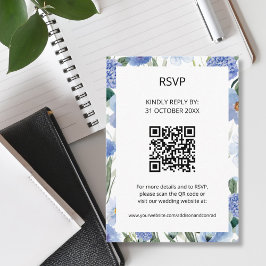 QR Code Blue Watercolor Floral Wedding RSVP Begleitkarte