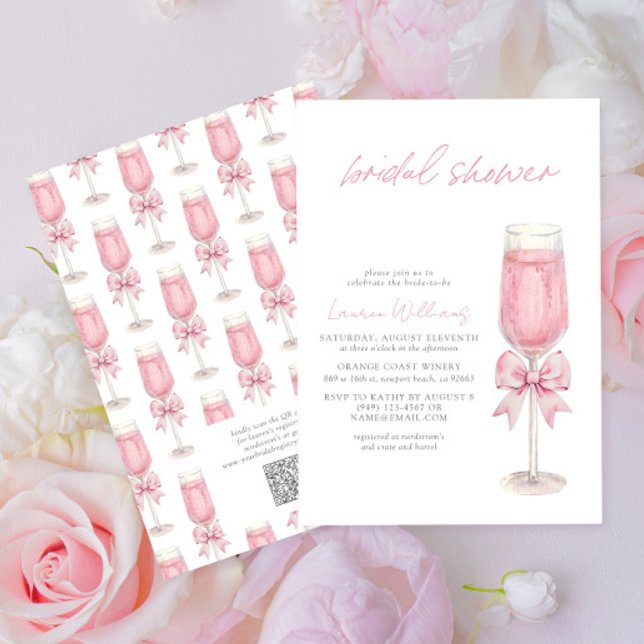 QR Code Blush Pink Bow Champagne Bridal Shower Einladung (Von Creator hochgeladen)