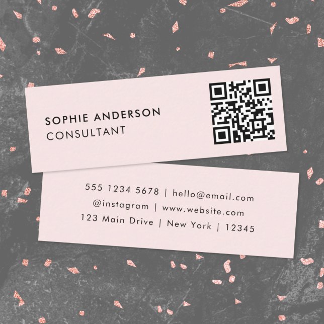 QR Code Blush Pink | Feminine Girly Pastel Modern Mini Visitenkarte (Versatile editable business cards template with interactive QR code & your professional details.)