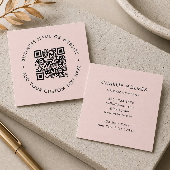 QR-Code | Blush Pink Modernes Beruflich Quadratische Visitenkarte (Interactive editable QR code square business cards to promote your business, products or services.)