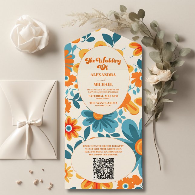 QR Code Bohemisch Retro Lässige Hochzeit All In One Einladung (Von Creator hochgeladen)