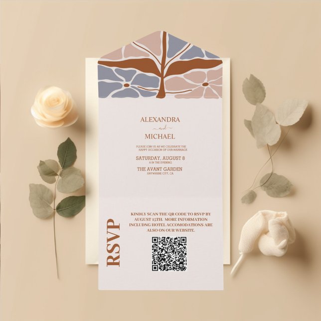 QR Code Boho Chic Retro Floral Wedding All In One Einladung (Von Creator hochgeladen)