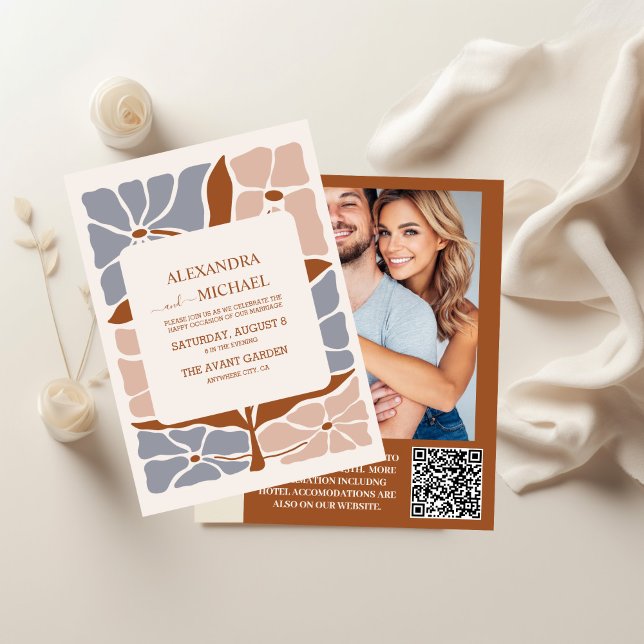 QR Code Boho Chic Retro Floral Wedding Einladung (Von Creator hochgeladen)