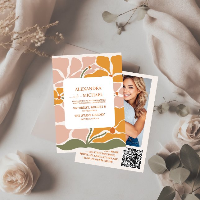QR Code Boho Chic Retro Floral Wedding Einladung (Von Creator hochgeladen)