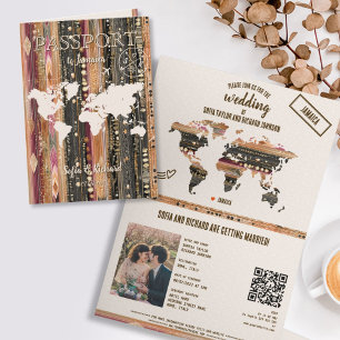 QR-Code Boho-Hochzeits-Reiseziel-Pass-Karte Einladung