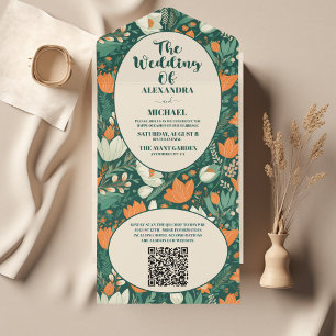 QR Code Boho Retro Floral Wedding All In One Einladung