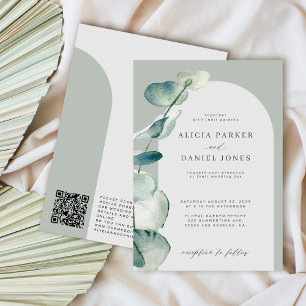 QR-Code boho sage green arch eucalyptus wedding Einladung