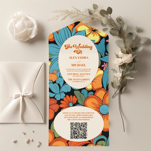 QR Code Boho Seventies Retro Blumenhochzeit All In One Einladung (Von Creator hochgeladen)