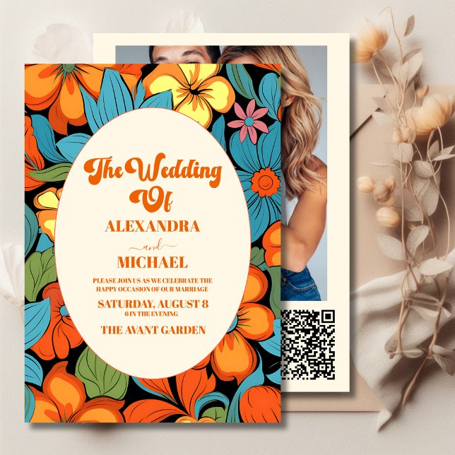 QR Code Boho Seventies Retro Blumenhochzeit Einladung (Von Creator hochgeladen)