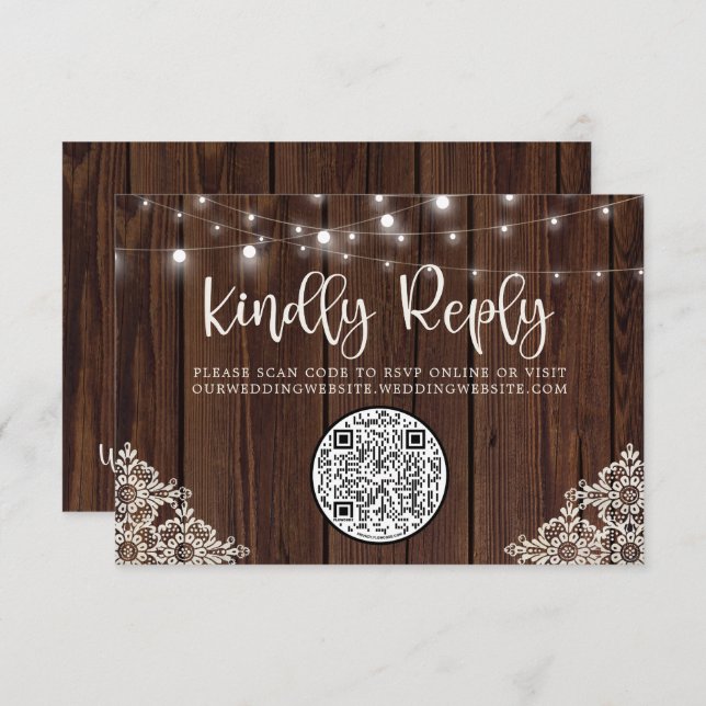 QR Code Bois Chaîne Lumières Dentelle Mariage RSVP (Devant / Derrière)