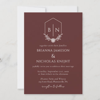 QR-Code Botanische Monogramm-Burgundy-Hochzeit Einladung