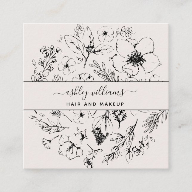 QR Code Botanischer Blush Black Script Name Square Quadratische Visitenkarte (Vorderseite)