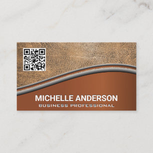 QR Code Brown Leather   Metallische Visitenkarte