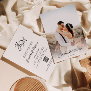 QR Code Budget Monogram Script Foto Hochzeit Einladung