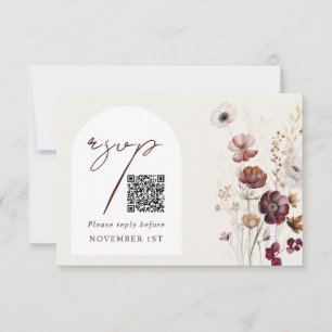 QR Code Burgundy Anemone Arch Floral Wedding RSVP Karte