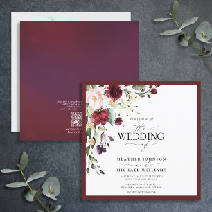 QR Code Burgundy Blush Floral Wasserfarben-Skript Einladung