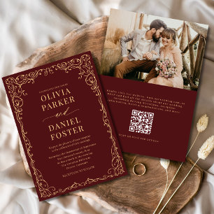 QR Code Burgundy Gold Foto Minimalistische Hochzei Einladung