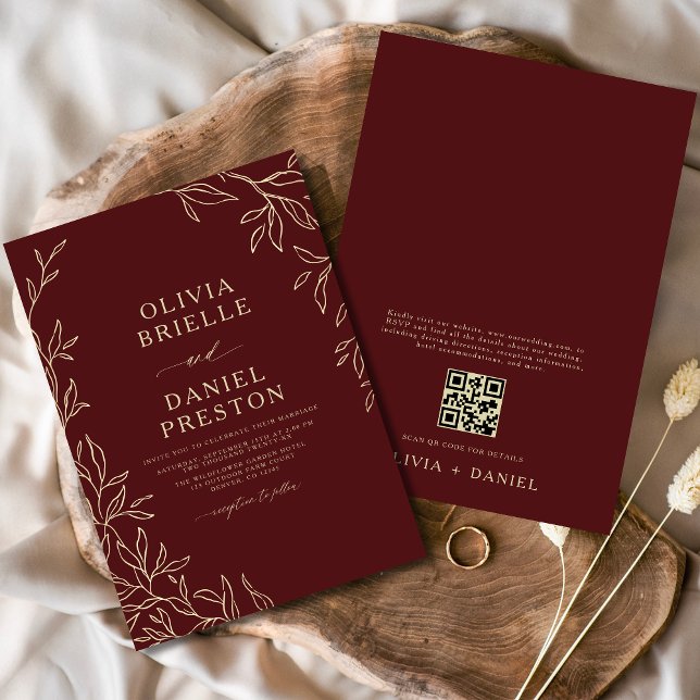 QR Code Burgundy & Gold Minimal Leaf Wedding Einladung (Von Creator hochgeladen)