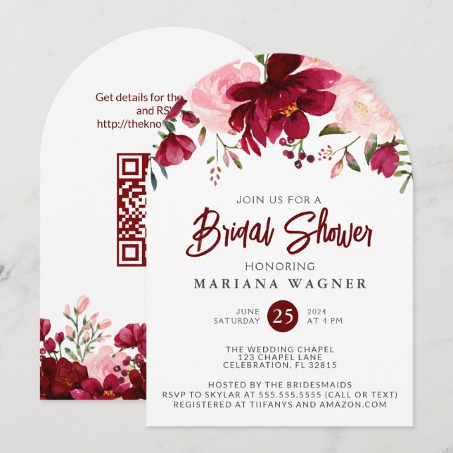 QR Code Burgundy Pink Floral Brautparty Einladung (Vorne/Hinten)
