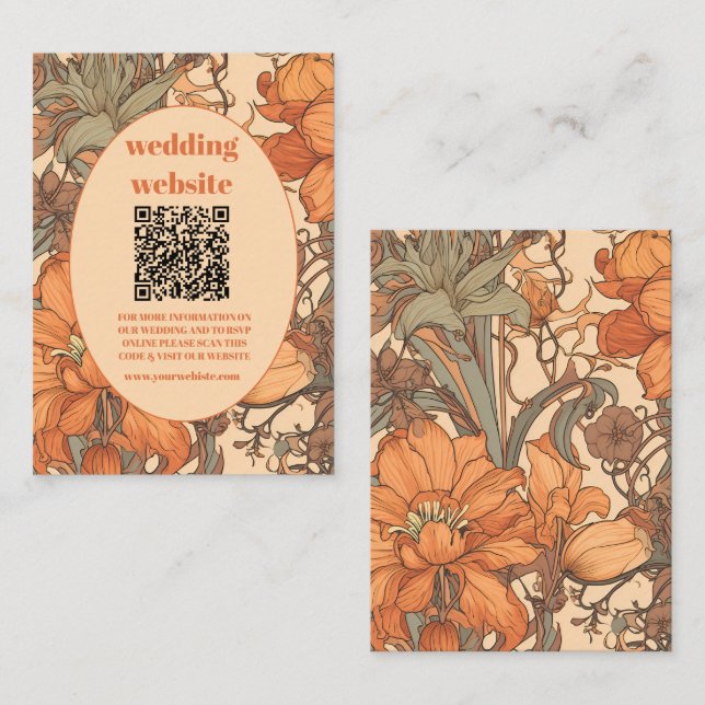 qr code Burnt Orange Floral Art Nouveau Wedding Begleitkarte (Vorne/Hinten)