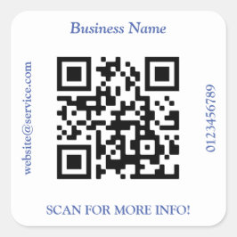 QR Code Bus. Name Website Promo, Blauer Text Quadratischer Aufkleber
