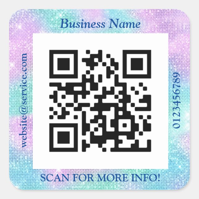 QR Code Bus. Name Website Promo Blue & Lila Glam Quadratischer Aufkleber (Vorderseite)